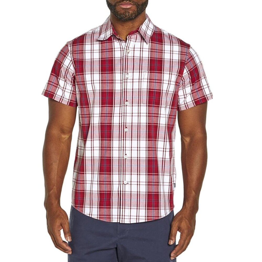 GAP Men Short Sleeve Poplin Shirt Brookside Plaid Scooter Red White Plaid L